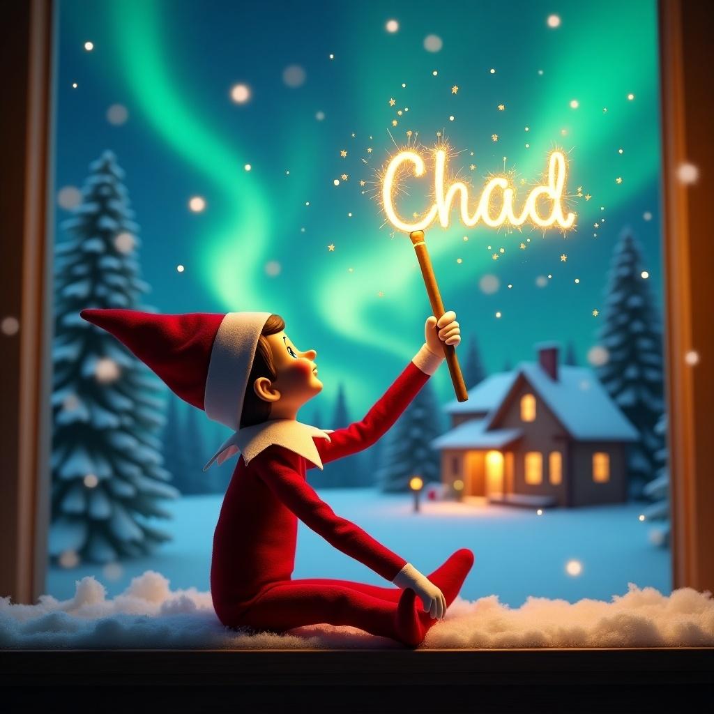 An elf on the shelf sits with its back to the viewer, gazing skyward. It holds a glowing wand that emits sparkling light. The background showcases a charming Christmas scene with colorful northern lights swirling above. In the distance, a cozy house can be seen, decorated for the holidays. Snow covers the ground, adding to the winter atmosphere. The elf is in a playful position, embodying the spirit of magic and wonder associated with Christmas. The name 'Chad' is written in the air using the wand, creating a sense of holiday cheer.