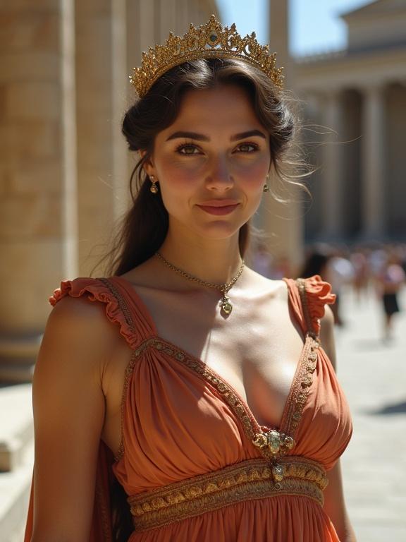 A woman walks gracefully in an ancient Greek setting. She wears an elegant burnt orange gown with intricate details. A golden tiara adorns her hair. The photo captures a warm, sunny day. Soft shadows play across her outfit. The composition highlights her regal appearance.