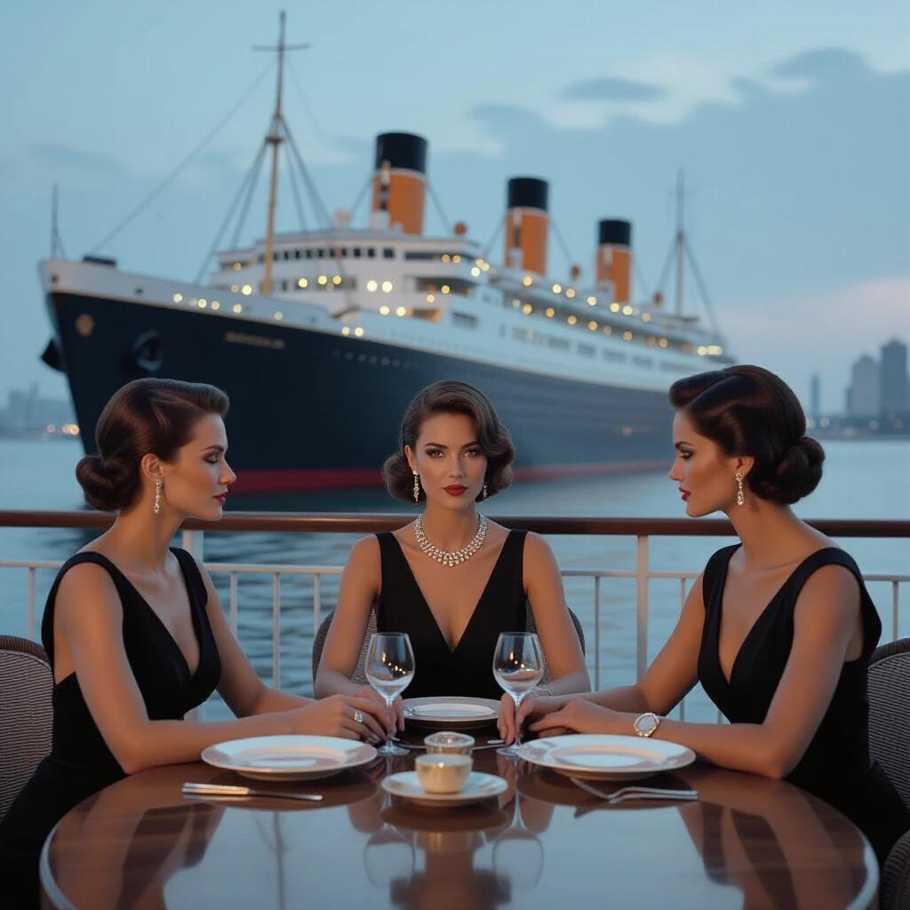 Elegant setting on the deck of the SS Normandie during the night. Three stylish women at a round ebony table. The ship in the background showcases Art Deco design. Sophisticated dining elements including Limoges plates and Lalique glasses. 1935 ambiance.