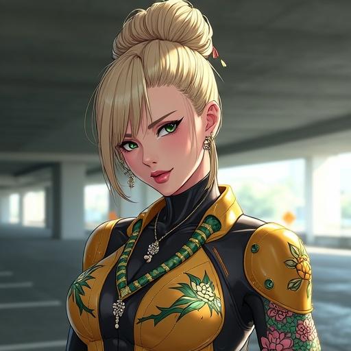 Anime character in a futuristic setting. Woman with emerald green eyes and elegant blonde bun. Wearing a modern business dress with tattoos. Standing in stylish parking lot beside an Audi. Character is a ninja clan co-leader.
