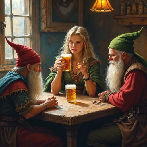 Girl warrior in a tavern drinking beer surrounded by elves and dwarves. Cozy and warm setting with impressionist oil painting style.