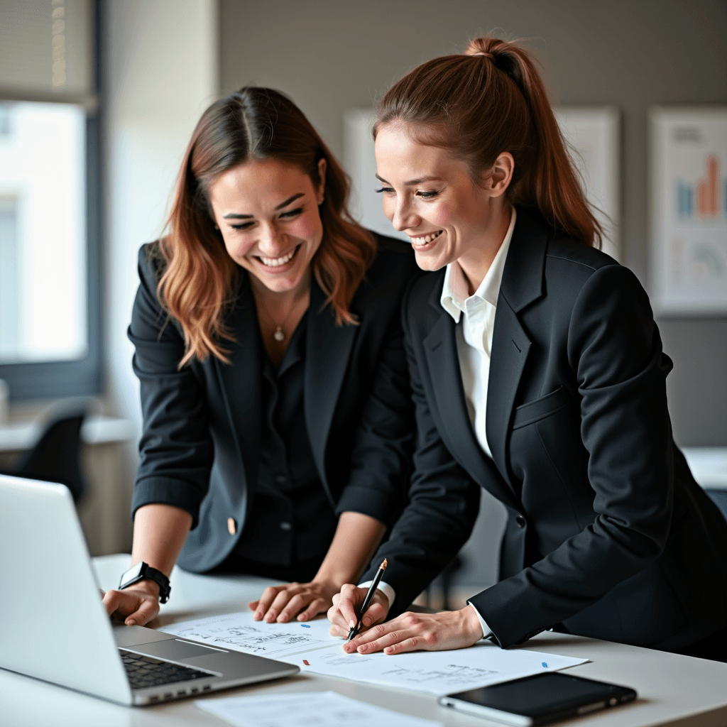 Two women in business attire collaborate and smile while working on a project at a desk with a laptop and papers.