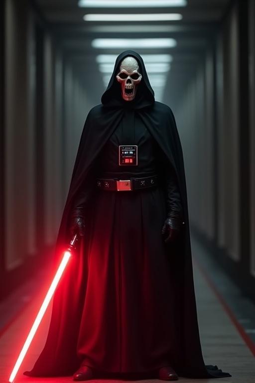 Sith lord with a red lightsaber stands in a dark corridor. Character wears a black cape and a deformed helmet resembling a screaming face. The atmosphere evokes an ominous and dramatic mood.