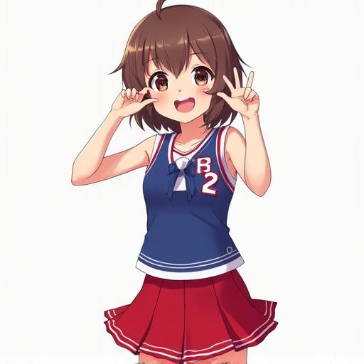 Anime-style character wearing a blue cheerleader outfit and red mini skirt, short brown hair styled to the side, cheerful pose with hands up. 