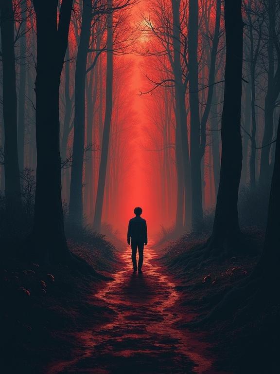 Illustration of a person walking down a dark forest path with red lighting. Trees surround the area creating an eerie atmosphere.