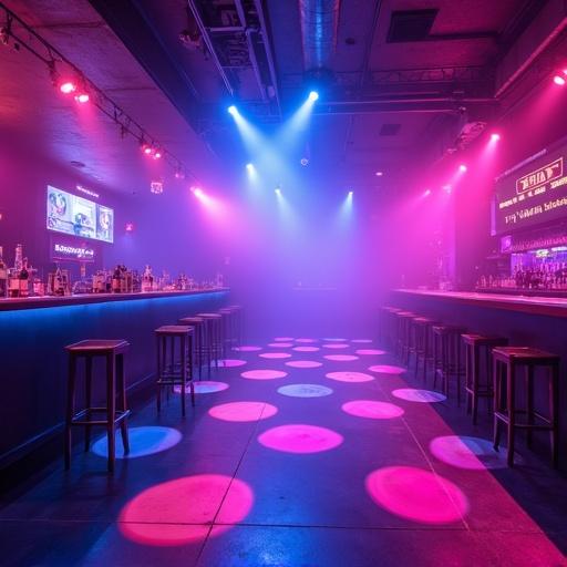 Vibrant nightclub interior with colorful neon lights and a glowing dance floor. There is a modern bar and abstract light reflections. The ambience is moody with rich purples and blues, creating an immersive party feel. No people or text present.