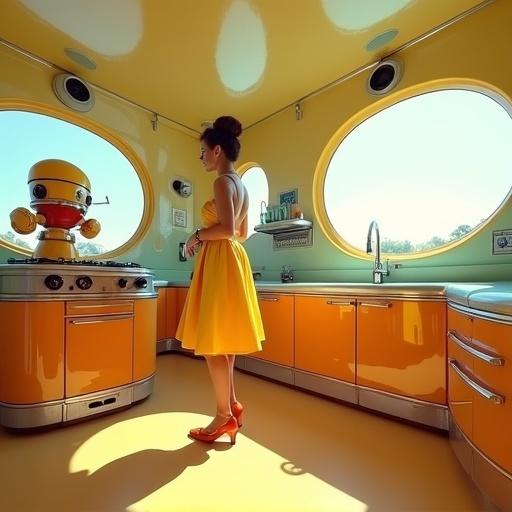 Photorealistic image of a vibrant retrofuturistic kitchen. A woman in a bright dress stands by a chrome counter. A robotic maid hovers nearby. Bubble-shaped windows and high-key lighting enhance a cheerful atmosphere. Wide angle capturing the tidy kitchen.