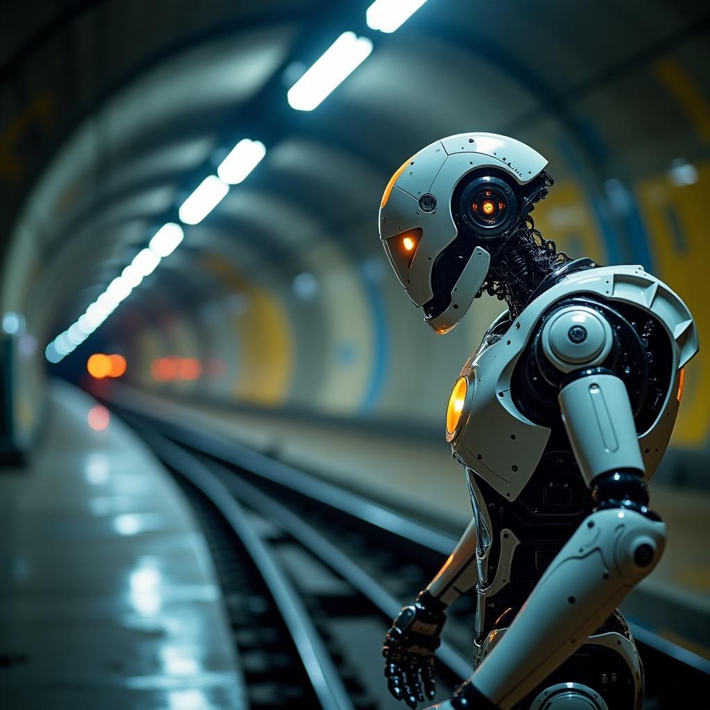 A robotic arm inspecting a subway tunnel. The scene shows a futuristic robot near the train tracks in a dimly lit tunnel.