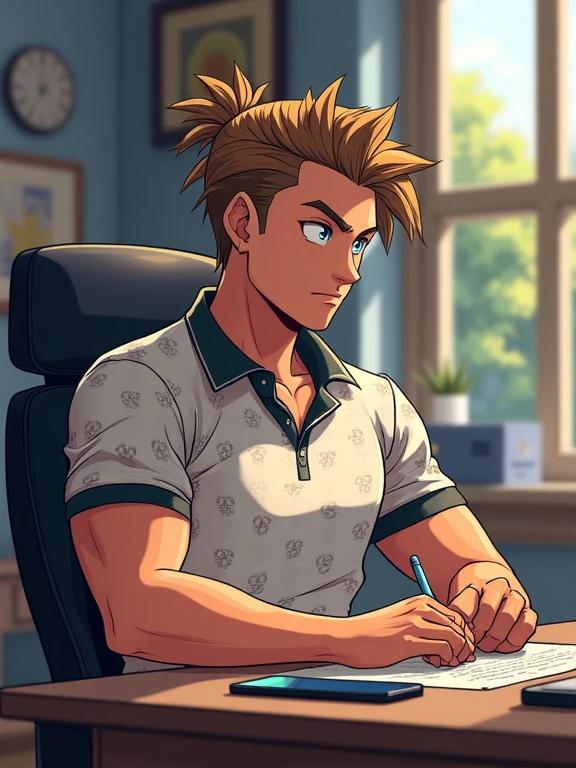 Anime character with light brown spiky hair in a modern dorm. Focused young man wearing a Gucci polo shirt studying at an office desk. Sitting on an office chair. Bright room with a Samsung phone on the desk. Summer day at Stanford University. Handsome appearance, muscular build, six-pack abs.