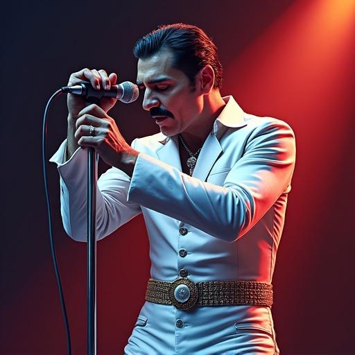 A singer in an iconic pose holding a microphone. The style is aquarel and vector. The clothing is elegant and classic. Emphasizes the dramatic stage presence. Bright colored lighting creates a moody atmosphere.