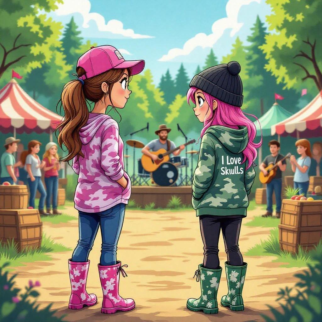 Two cartoon girls at a festival watching a country band perform. The scene takes place in a lively festival setting. One girl has dark blonde hair in a ponytail, wearing a pink cap and camouflage clothing. The other girl has pink hair, wearing a beanie and a grey shirt. Both wear stylish wellies and enjoy the music.