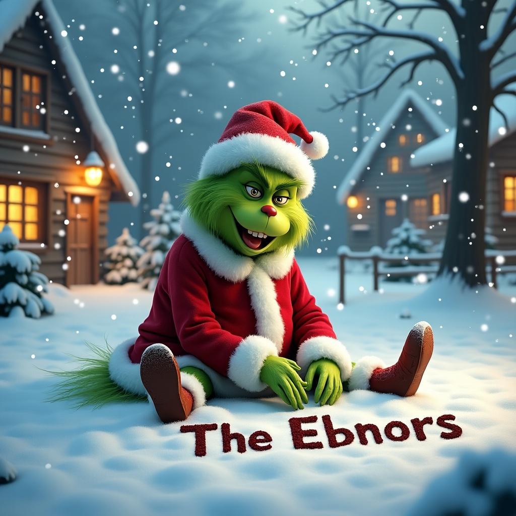 In a snowy landscape, the Grinch sits in a Christmas outfit. He is writing 'The Ebnors' in the snow. Snowflakes fall around, creating a cheerful scene. Cozy cottages with warm lights surround him. This moment captures creativity and holiday spirit.