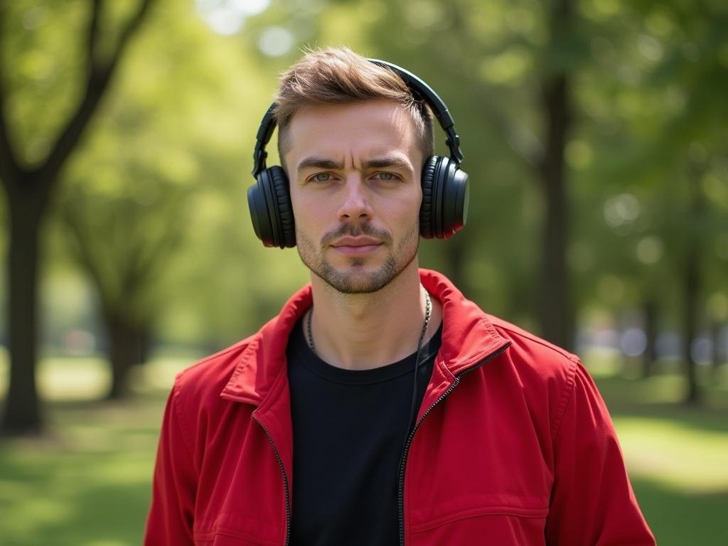 The image features a male subject standing outdoors with a blurred face for anonymity. He has short hair with a light tone and a fair skin complexion. He is wearing a vibrant red zip-up jacket, over a black t-shirt that is partially visible. The subject is also adorned with oversized black headphones that sit comfortably over his ears. The background showcases a lush green park with trees and foliage, suggesting a sunny day, with the lighting creating a bright and inviting atmosphere.
