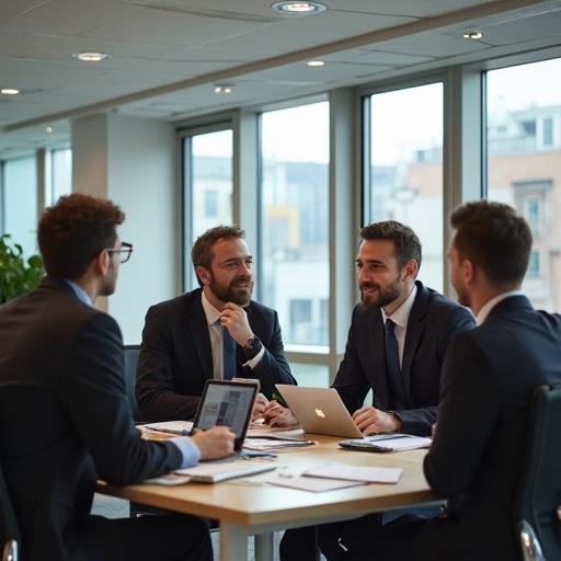 Four office workers collaborate in a modern meeting room. They are discussing business matters. Bright natural light fills the space. Workers are dressed in formal attire. They are sitting around a table with laptops and documents.