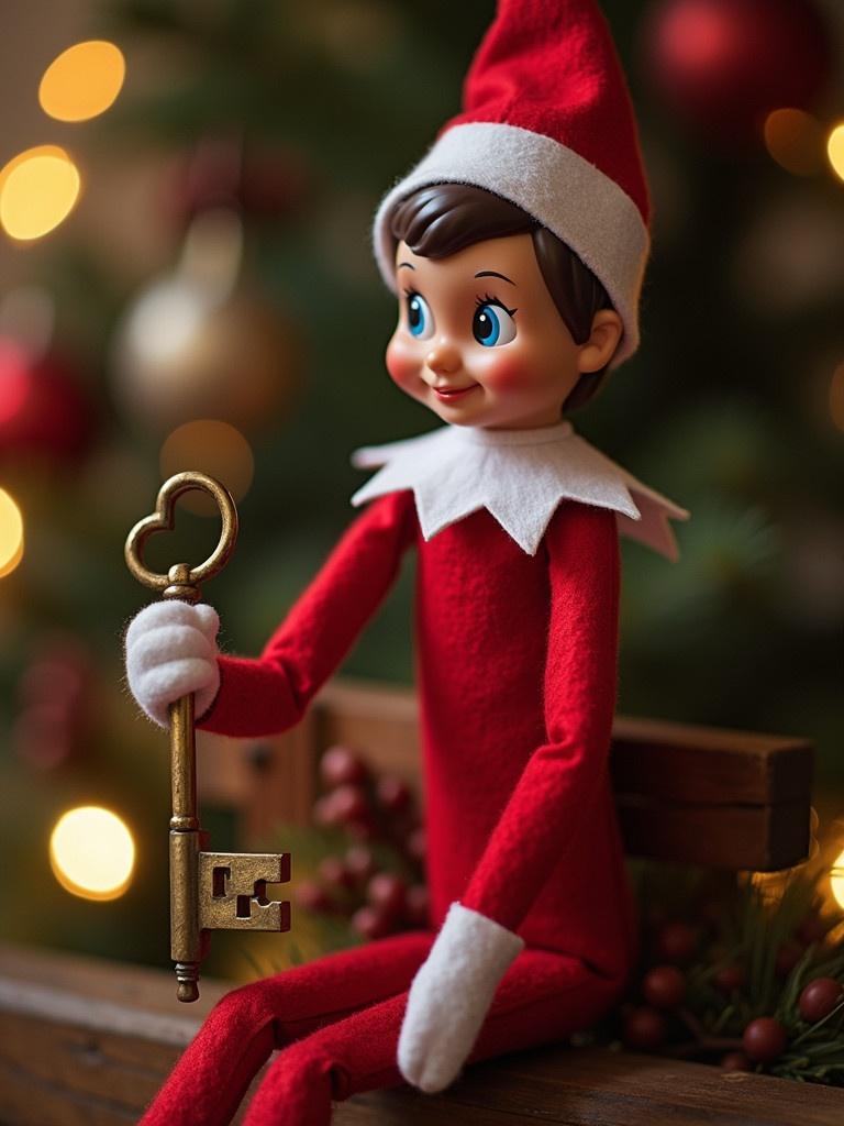 Elf on the Shelf doll is sitting on a bench. Elf is wearing a red outfit with a white collar and mittens. It is holding an antique key. Christmas tree with lights is in the background.