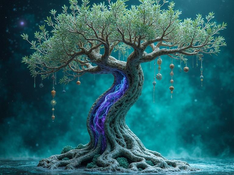 Intimate towering alebrije olive tree sculpted from turquoise-veined marble stone. Body shaped into intricate quantum network with helix-like structures. Translucent purple and dark teal fluids pulse through glowing internal channels. Form twists with eerie symmetry against a sparkling cosmic turquoise Warli ocean background.