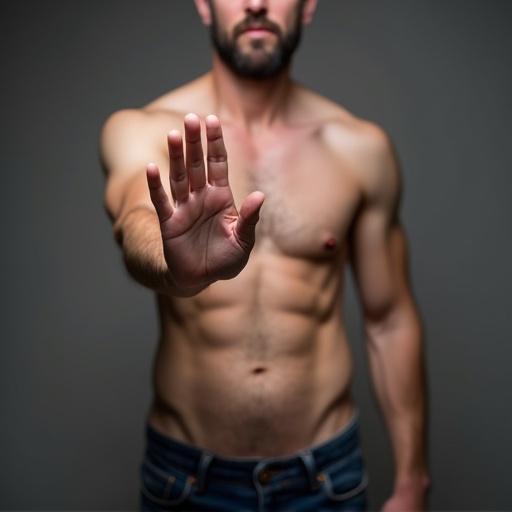 Close-up of a man's chest and stomach with hand raised in a defensive stop gesture. The face is not visible. The posture conveys alarm and warning with tense body language.