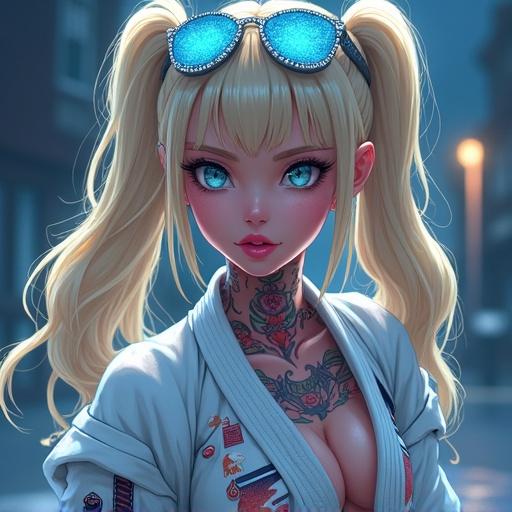 Anime style character with striking features. Female character with blue eyes and blonde pigtails. Wearing an edgy taekwondo gi in a luxurious martial arts arena. Features tattoos and piercings. Night setting with vibrant aesthetics.