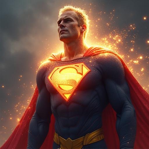 Image of a superhero in an epic pose. The superhero has a flowing cape and glowing powers. The concept humorously exaggerates super powers.