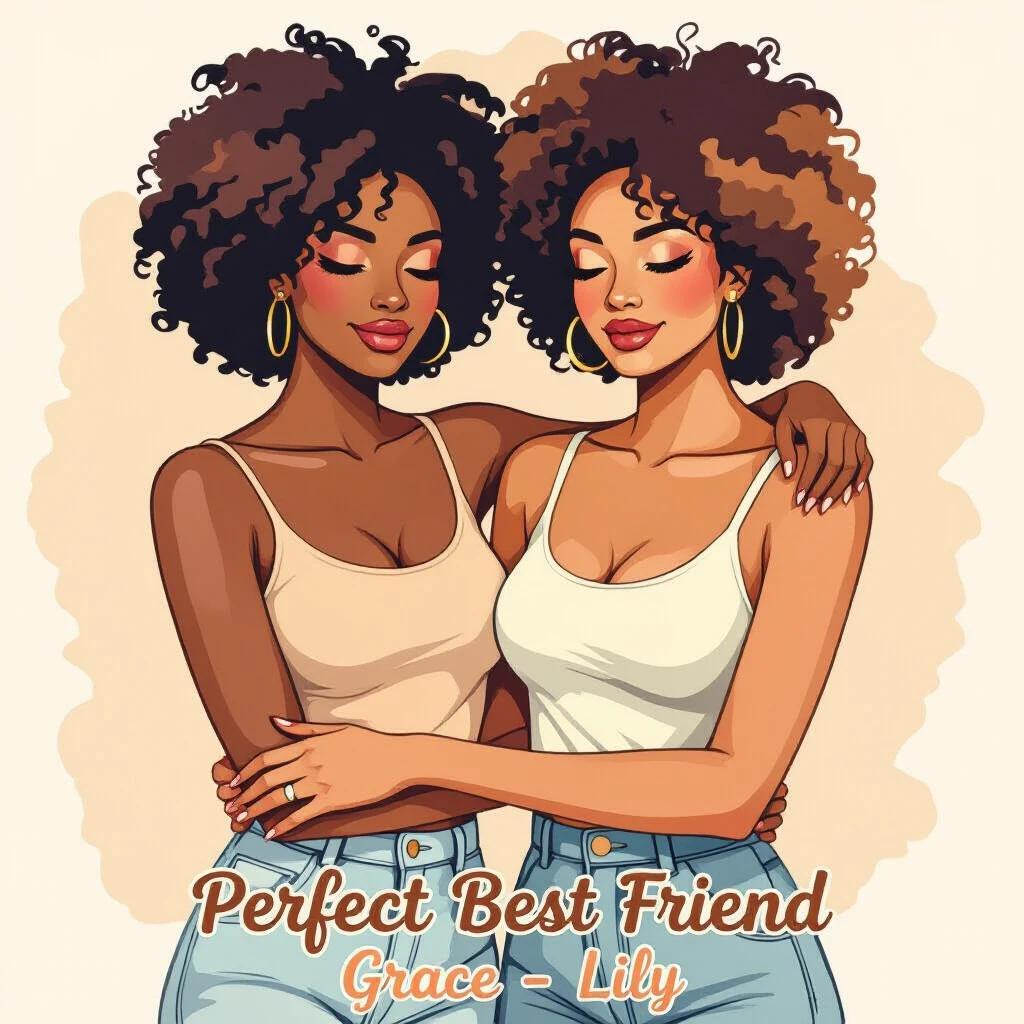 Watercolor art in retro style depicts two female figures with afro curls. They stand closely together with arms around each other. They wear simple tank tops in pale colors. Text at the bottom reads 'Perfect Best Friend' with names. The overall style highlights sisterhood with warm colors and soft lines.
