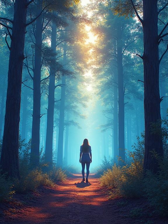 A vibrant digital illustration depicting a silhouette of a person walking through a misty forest. The scene shows tall trees with natural lighting and soft azure colors. The artwork captures a serene and ethereal atmosphere.