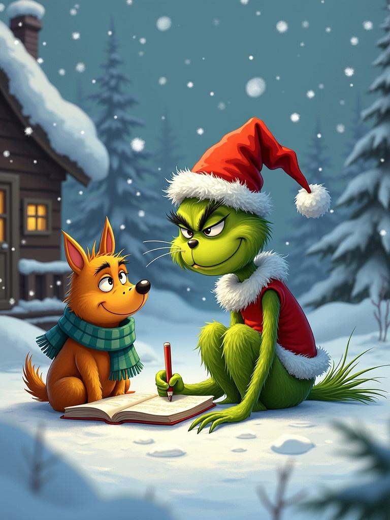 The Grinch character in a red Christmas hat sits in the snow. Grinch writing a note. Max the dog sits nearby. Snow falling in Whoville. Winter background with trees and a cabin.