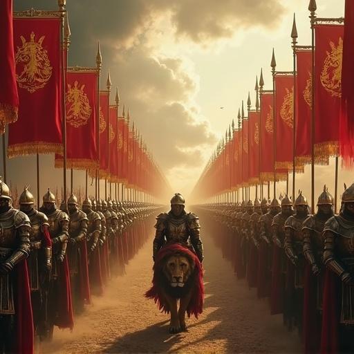 Hyperrealistic image of a massive army of armored angels marching. Dramatic stormy sky in the background. Red and gold banners with golden lions. Ornate structures and chariots for the banners. Angels in dark gray and gold armor with crimson details. Focus on soldiers and lion. Dust and wind effects visible.