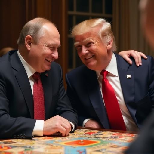 Trump and Putin laughing while playing Hasbro Risk game. Putin's hand on Trump's shoulder. Both appear to enjoy the moment.