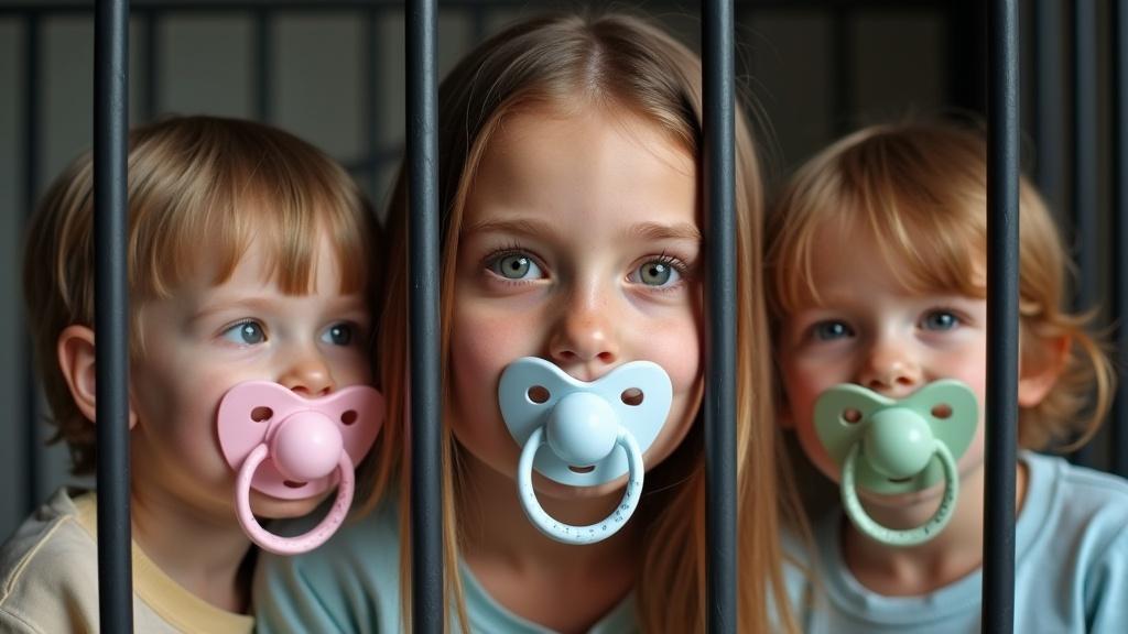 Two children display playful behavior while preventing mother from exiting a small cage. All have oversized pacifiers. The children's expressions show interest and joy. The cage bars create a humorous situation.