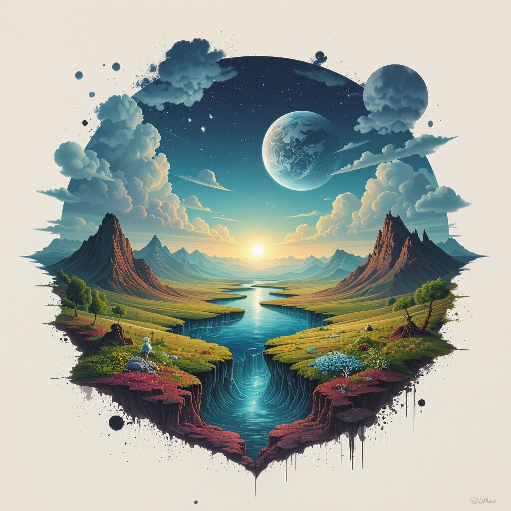 Surreal landscape artwork features a river between mountains and celestial bodies in the sky. Vibrant colors create a captivating scene with a serene atmosphere.