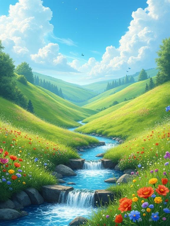 A vibrant landscape features rolling green hills. Colorful wildflowers bloom under a blue sky. Fluffy white clouds float above. Small waterfalls lead into a clear stream. The scene is alive with dancing butterflies. The setting feels peaceful and uplifting.