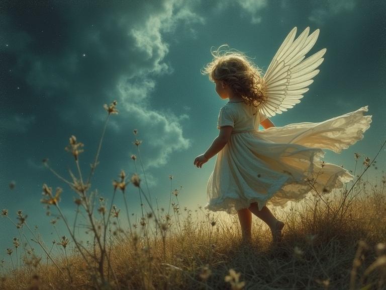 A child standing in a field with angel wings wearing a flowing white dress in a dreamlike setting. The sky is dramatic with clouds and hints of stars.