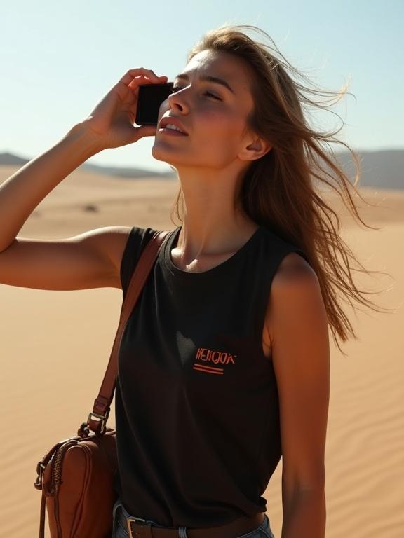A slavic woman in a desert environment talking on her phone. She has long messy braided hair. She wears a black sleeveless shirt with the text 'HELGOS'. Her skin appears shiny and tanned. She carries a leather tool bag with orange stripes. The woman looks up while shielding her eyes from the sun.
