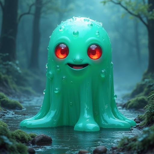A whimsical green slime character from a JRPG. The slime has large red eyes and a cheerful face. The setting includes a serene forest with a stream running through it.