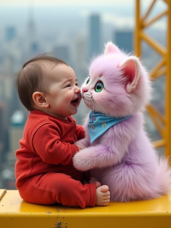 Close-up of a baby in a red onesie sitting on a yellow crane beam. Baby looks surprised while a fluffy pastel pink and lavender kitten gently nuzzles the cheek. Soft expression on the kitten; urban background is blurred. Kitten wraps around the baby in a comforting hold.
