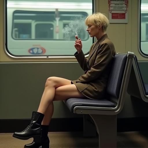 Woman with short hair smoking sits in short miniskirt on train station bench. Full body in boots. Urban setting. Natural lighting.