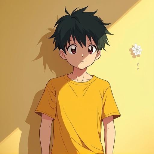 Anime boy in a yellow t-shirt standing against a light background with a flower shadow