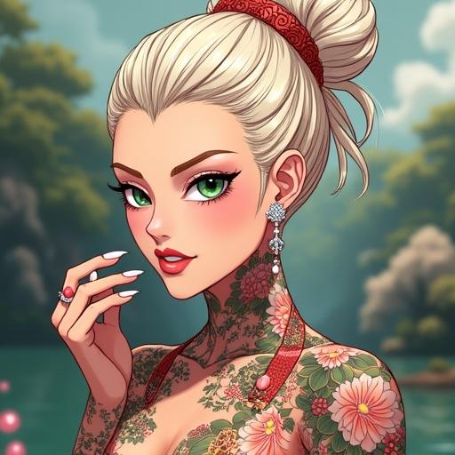 Anime style illustration of a 59-year-old woman with emerald green eyes and light blonde hair styled in a French bun. She has a beautiful face displaying a famous grin, adorned with pink diamond jewelry. Her body is decorated with traditional Japanese tattoos. She possesses a cybernetic right leg. The setting is a luxurious Japanese garden in a mansion, showcasing summer vibes with cherry blossoms.
