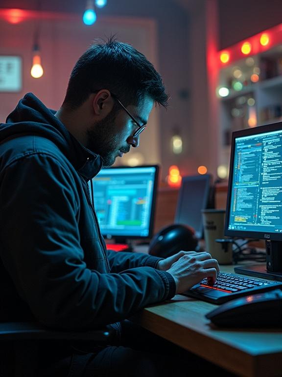 Person focused on coding at a computer desk in a dimly lit environment. Multiple screens displaying code and colorful lights in the background.