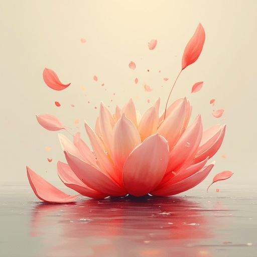Dreamlike minimalist composition with a lotus flower. Petals falling in a soft pastel setting. Abstract forms with textured brushwork.