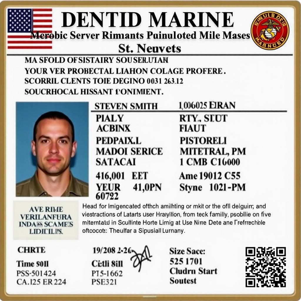 This image showcases a US Military ID card, specifically for a Sergeant in the Marine Corps named Steven Smith. The card features various details for identity verification, including service numbers and personal information. It serves as an example of the documentation used for military personnel. The colors predominantly used are green, brown, and black, typical of military styling. This ID card can be relevant in discussions pertaining to military service and identity verification methods.