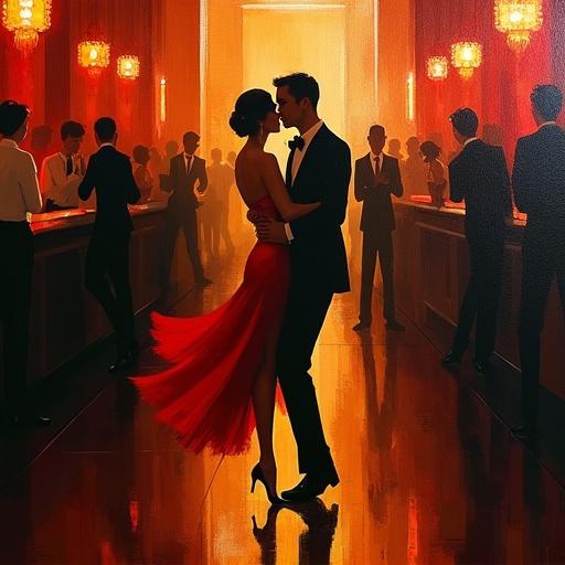 1920s Art Deco speakeasy featuring a couple dancing elegantly. Flapper girls are present. Dark vibrant colors dominate the scene.