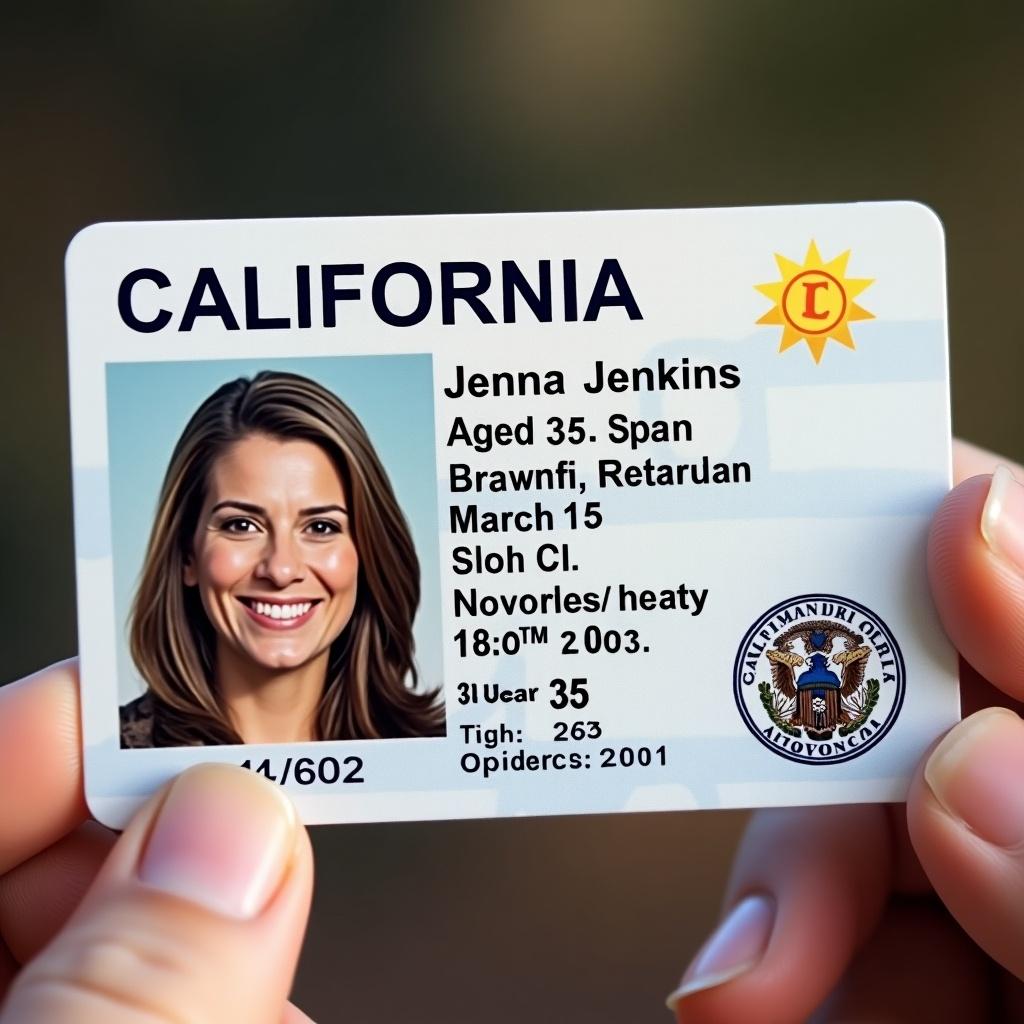 California identification card held by an individual showing a clear face. The card displays the name Jenna Jenkins, age 35, with random month and day.