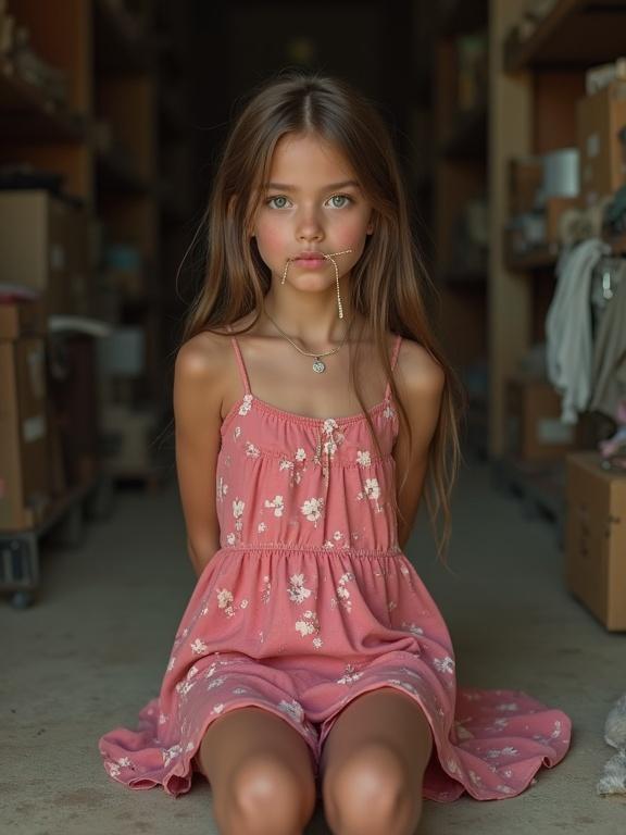 Photorealistic image of a young girl with green eyes and long brown hair. She wears a pink floral sun dress and sits on the floor. The setting is a cluttered storage room. Her arms are behind her back. A rope is tied between her lips.