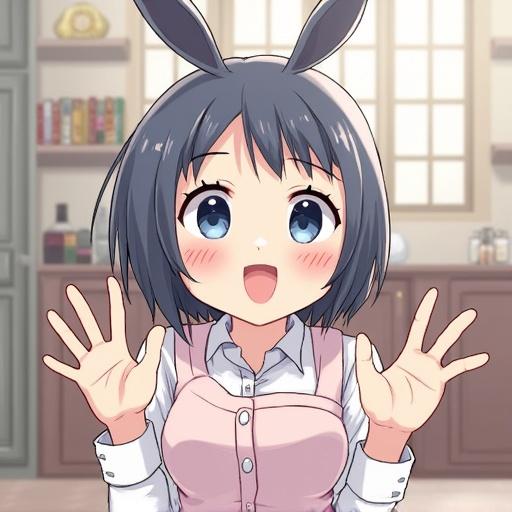 Girl with bunny ears holding hands up. She stands in a cozy room with shelves. Background contains books and decor items. A playful and cute design shows fashion and youthfulness.