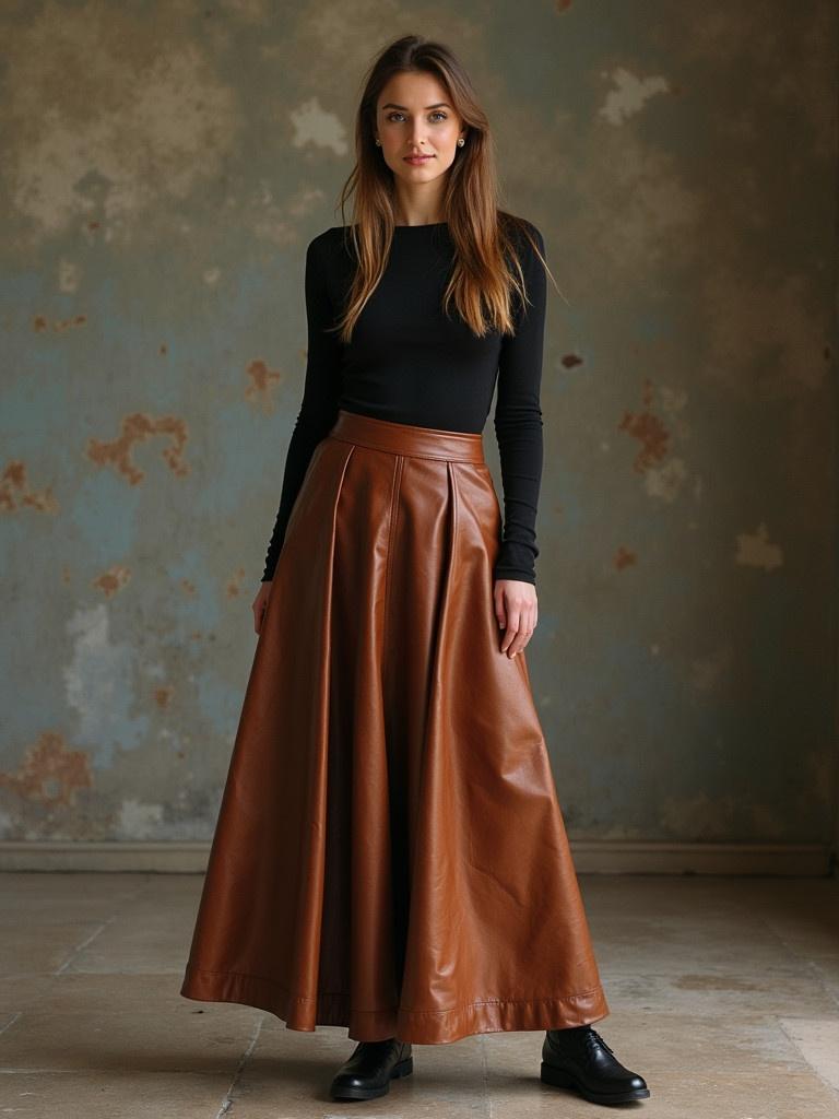 Woman wearing a long brown leather skirt with a black long-sleeve top. The background features a textured wall with an antique appearance. The woman poses elegantly, showing the flow of the skirt.