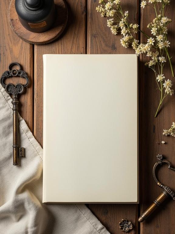 Flat lay of a hardcover journal with blank cover up on wooden table. Antique writing quill and ink pot nearby. Pressed flowers and vintage key on linen fabric. Warm lighting with subtle shadows. No visible pages or people.