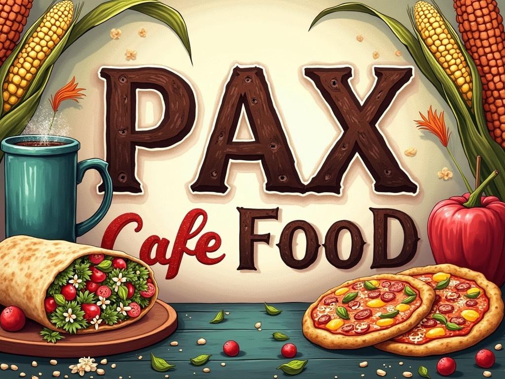 Create an image featuring the text 'PAX Cafe Food' written in a graphite style. Surround the text with vibrant Mexican colors and depictions of traditional Mexican foods such as wraps and pizza. Include elements like corn and a steaming cup of coffee in the background. The overall composition should blend the rustic and colorful aesthetic of Mexican culture. Ensure the dimensions of the image are 100 cm wide by 65 cm tall.