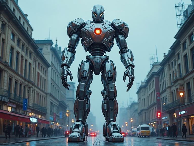 Create a huge humanoid robot in an urban setting. The robot is 250 ft tall, with a sleek metallic design. It features blue glowing nanowires and is surrounded by a dark, cloudy atmosphere with city traffic. The scene is detailed with stores and streetlights visible.