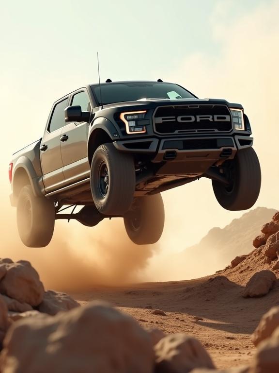 Black off-road truck flying over rocky terrain in dust cloud. Rugged design and oversized tires on display. Natural light enhances dynamic shadows and sleek lines. Composition captures upward motion with blurred rocks foreground. Cinematic style conveys excitement for automotive fans.